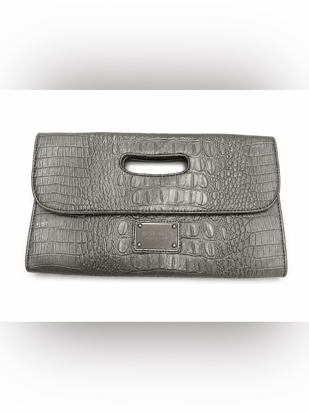 Nine West Metallic Gray Croc-Embossed Foldover Clutch